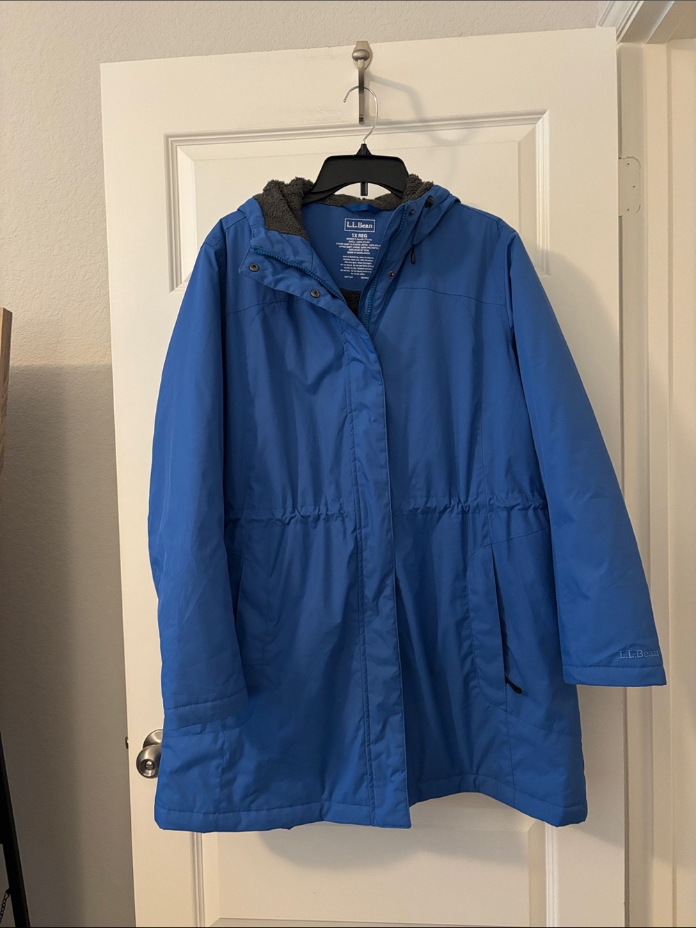 L.L. Bean Teal Blue Hooded Cinched Waist Winter Warmer Coat SZ 1X fleece lining